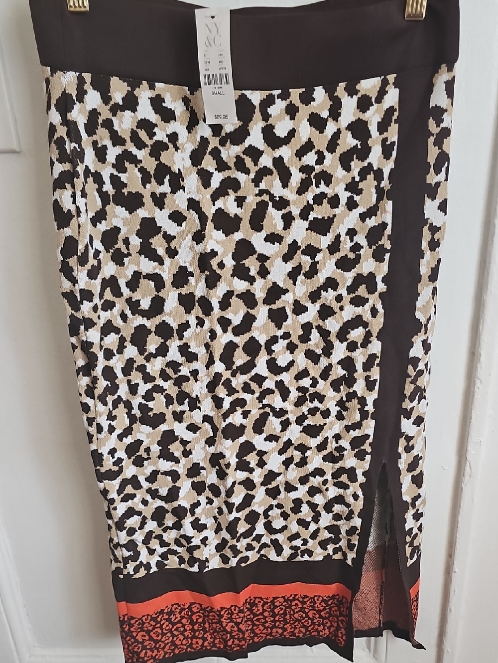 New York & Company Beige and Black Animal Print Midi Skirt with Coral Trim